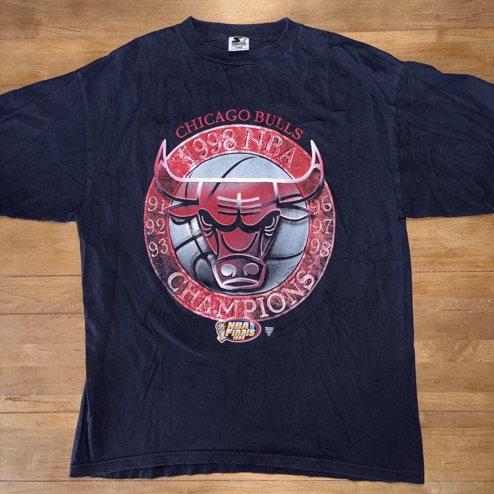 Vintage Starter CHICAGO BULLS 1998 NBA Finals Champions Tour T-Shirt Black Large